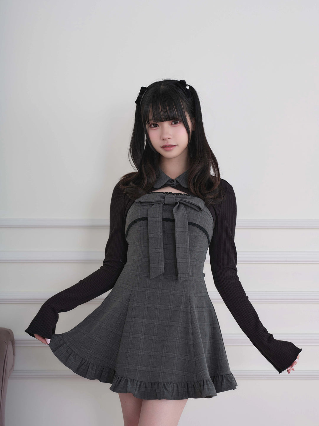 Ryousangata Dress & Knit Bolero Set, Plaid/Striped Pattern (M S) 46030:873174