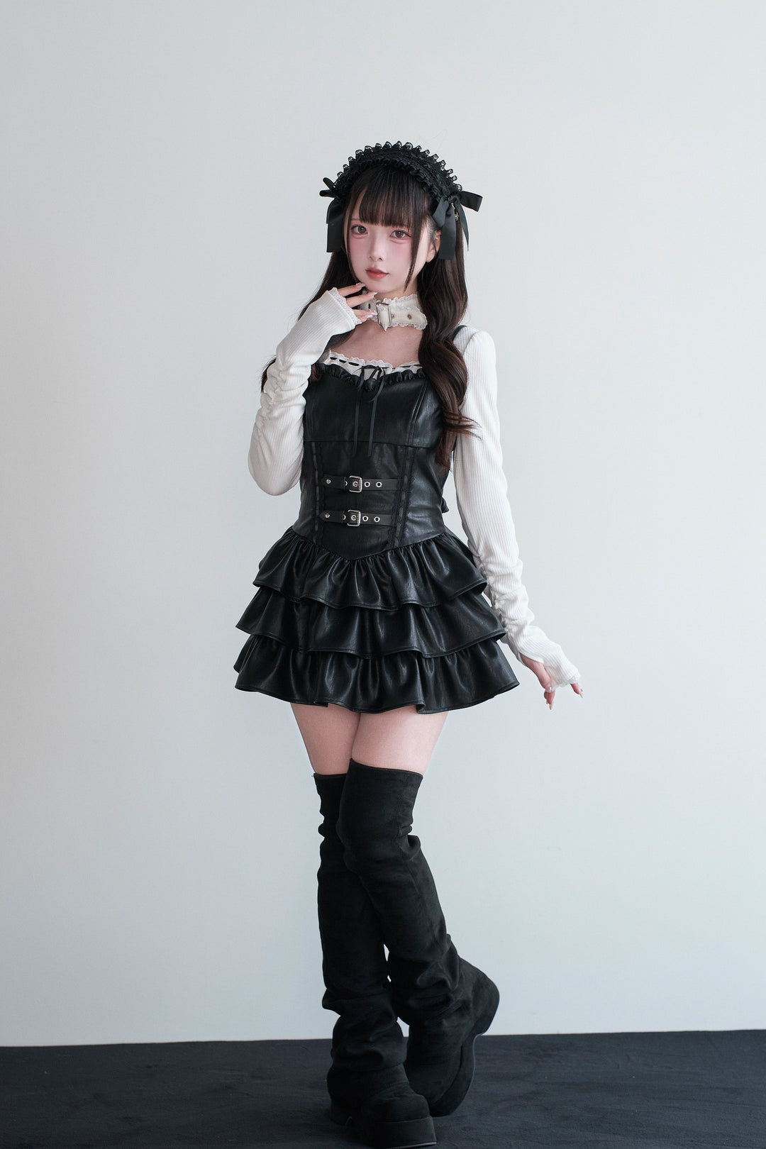 Jirai Kei Strappy Mini Dress, Tiered Ruffles 44328:805450