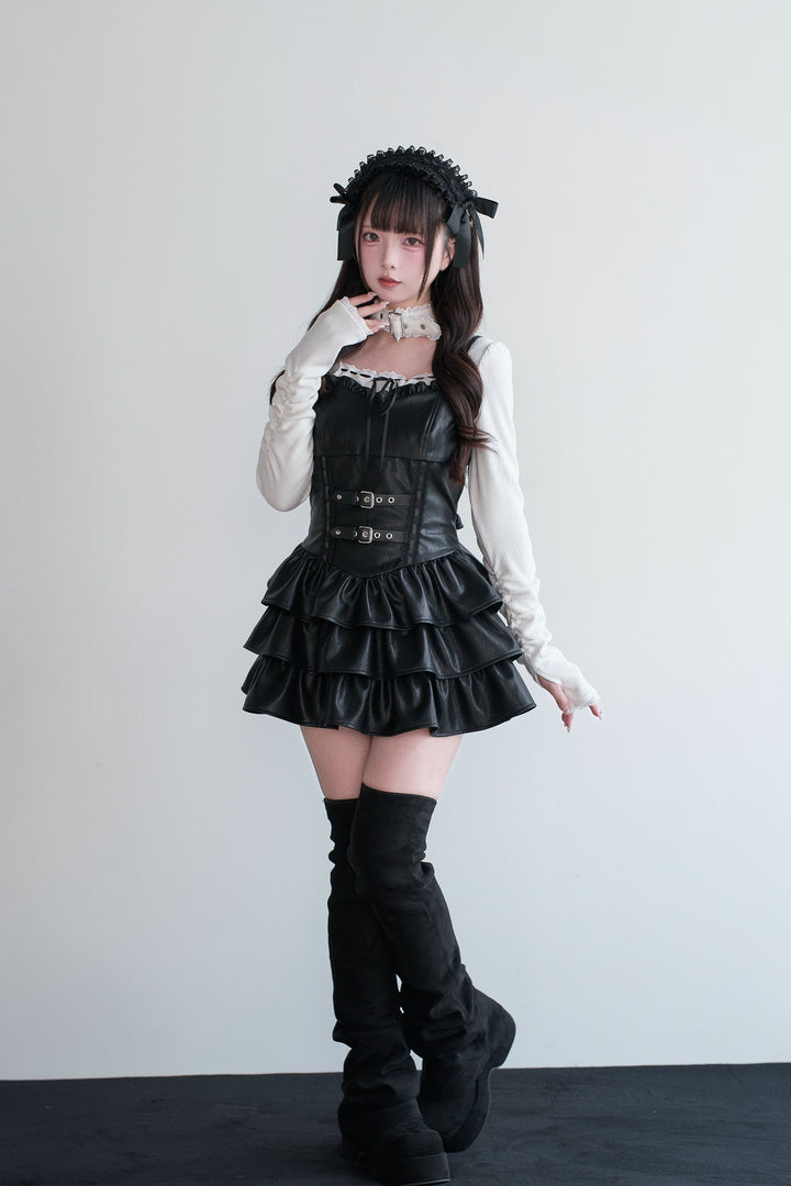 Jirai Kei Strappy Mini Dress, Tiered Ruffles 44328:805450