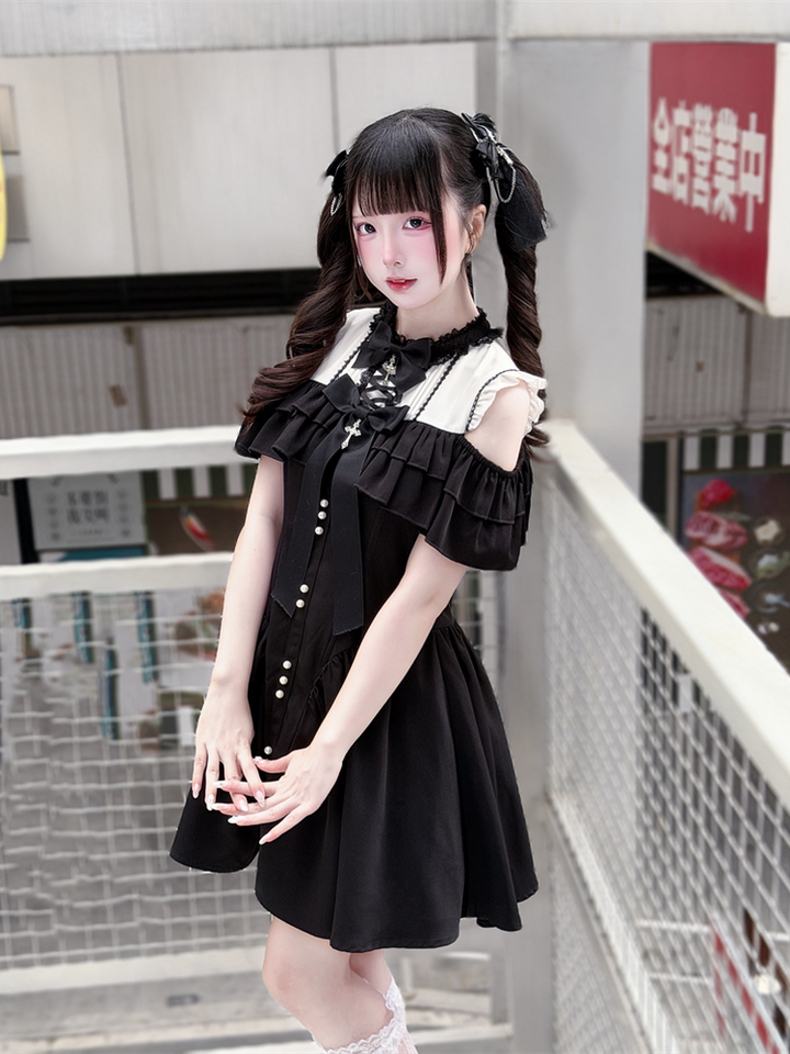 Jirai Kei Open Shoulder Dress, Layered Ruffle 44949:831316