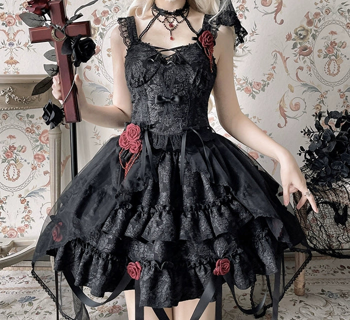 Gothic Lolita Skirt Set Blood Rose Skirt Corset Set Multicolor 35542:496508