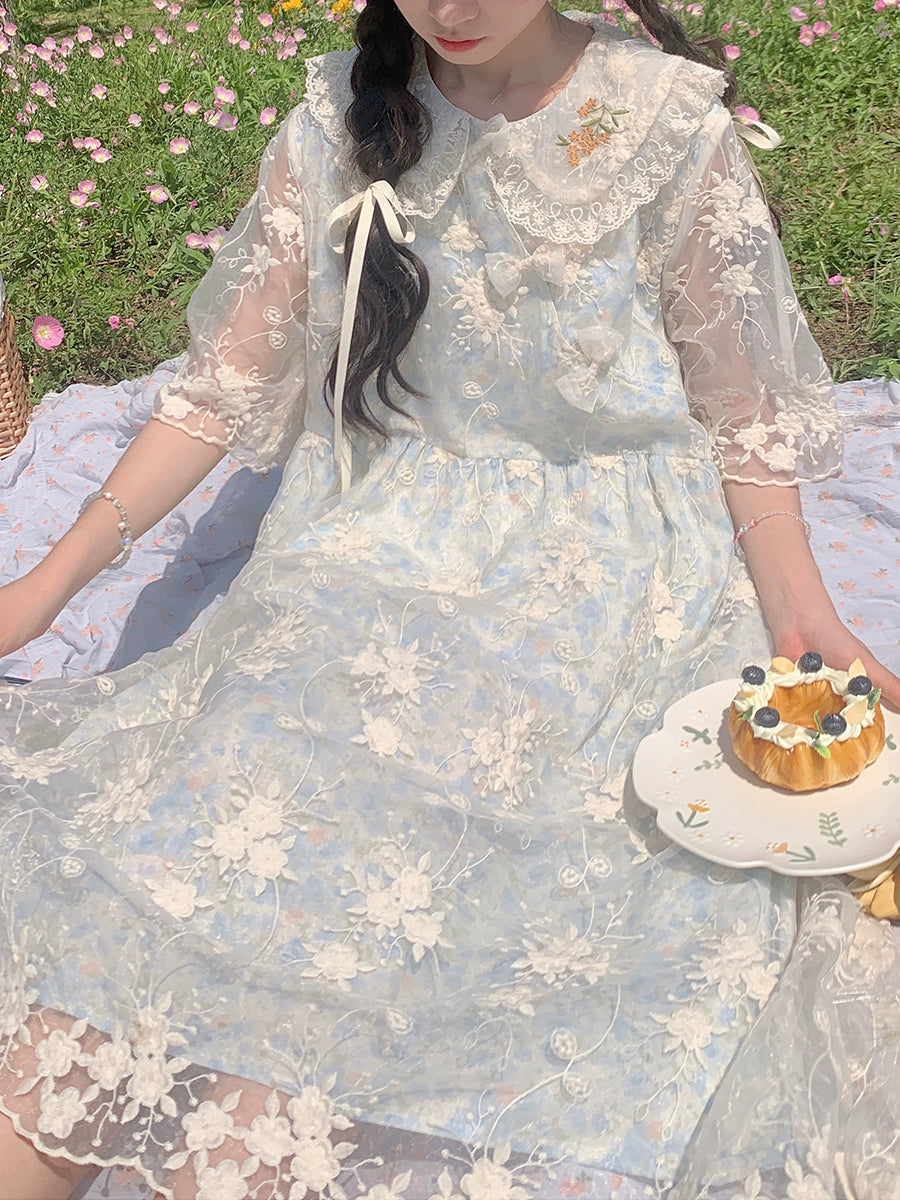 Kawaii Mori Kei Dress Blue Floral Sweet Dress 36206:523488