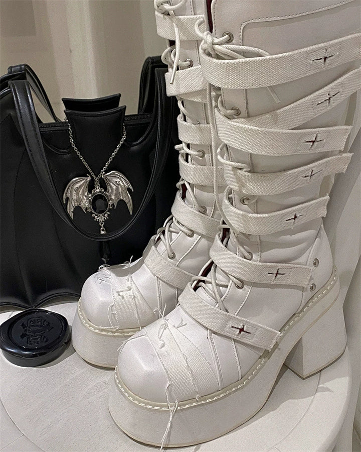 Punk Combat Boots Cross Strap Black White Boots 33822:446168 33822:446168