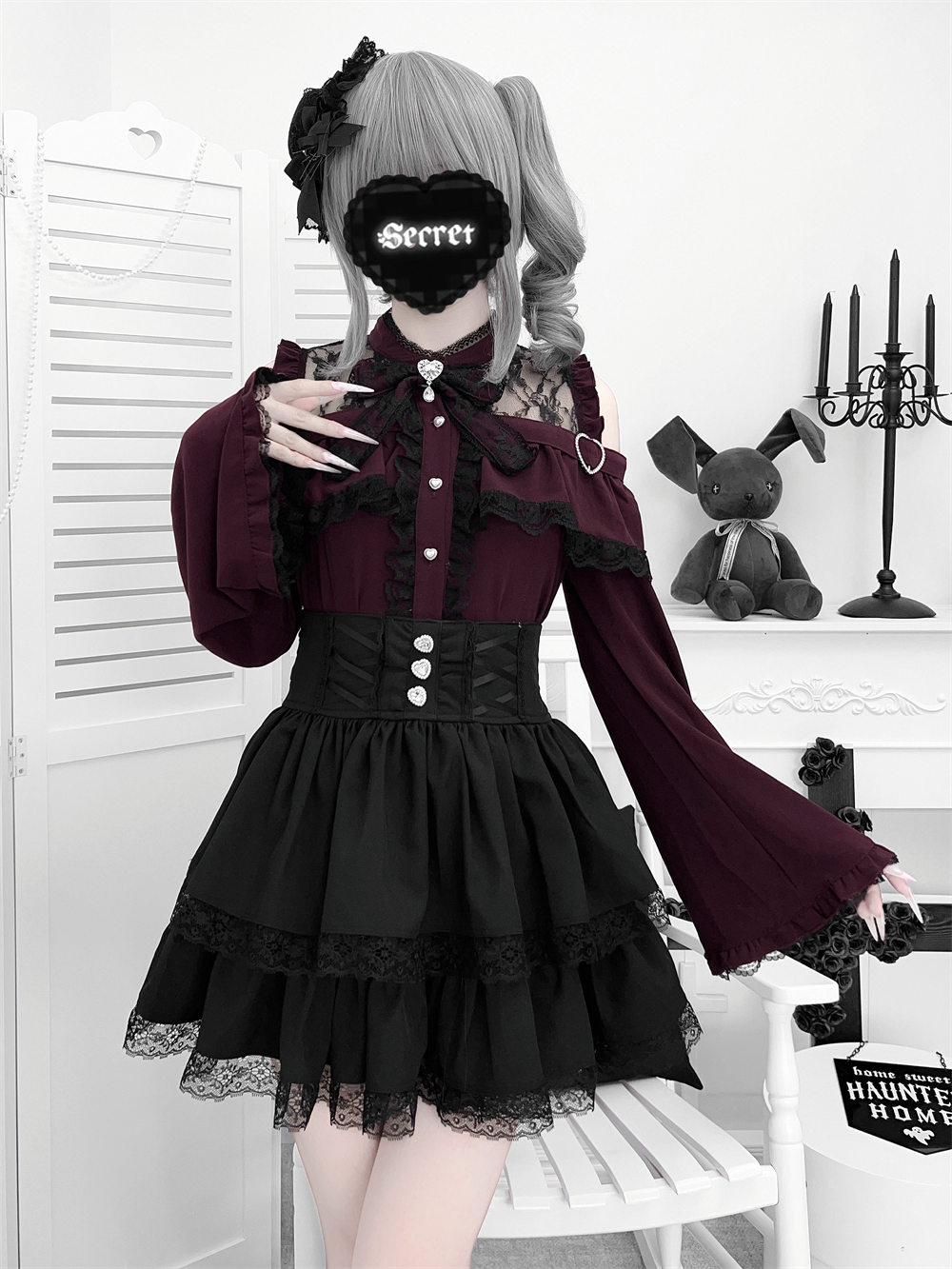 Jirai Kei Open Shoulder Blouse + Tiered Ruffles Skirt (2XL L M S XL) 43686:782895