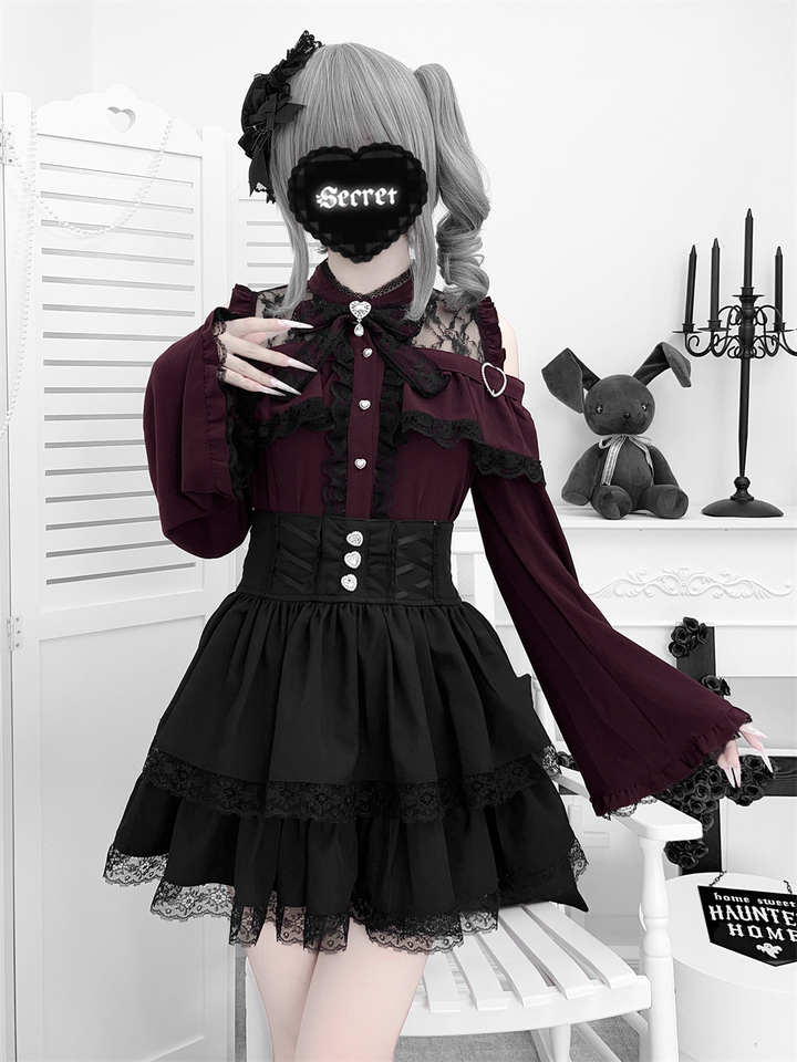 Jirai Kei Open Shoulder Blouse + Tiered Ruffles Skirt (2XL L M S XL) 43686:782895