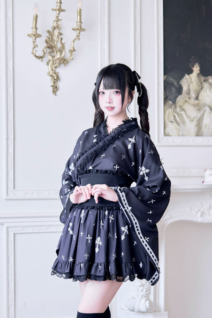 Wa-Style Jirai Kei Kimono Blouse + Ruffle SKirt + Wide Obi Belt 42799:765962