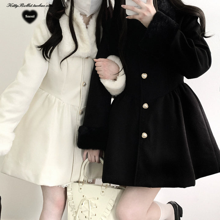 Jirai Kei Coat Detachable Fur Collar Dress Coat Wool-like Jacket 40416:667594