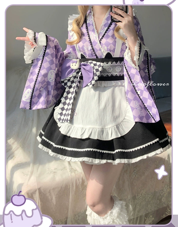 Kimono Lolita Plaid Princess Sleeve Shirt Kawaii Skirt Set (L M) 38964:606814