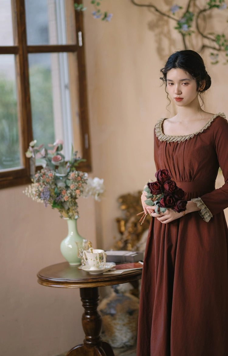 Mori Kei Dress Classical Oil Painting Dress Rust Red Dress 36348:544668
