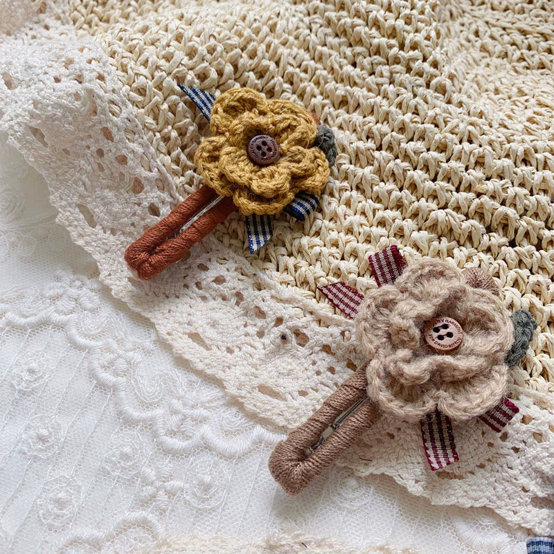 Mori Kei Hair Clips Handmade Knitted Flower Barrettes 36438:522408