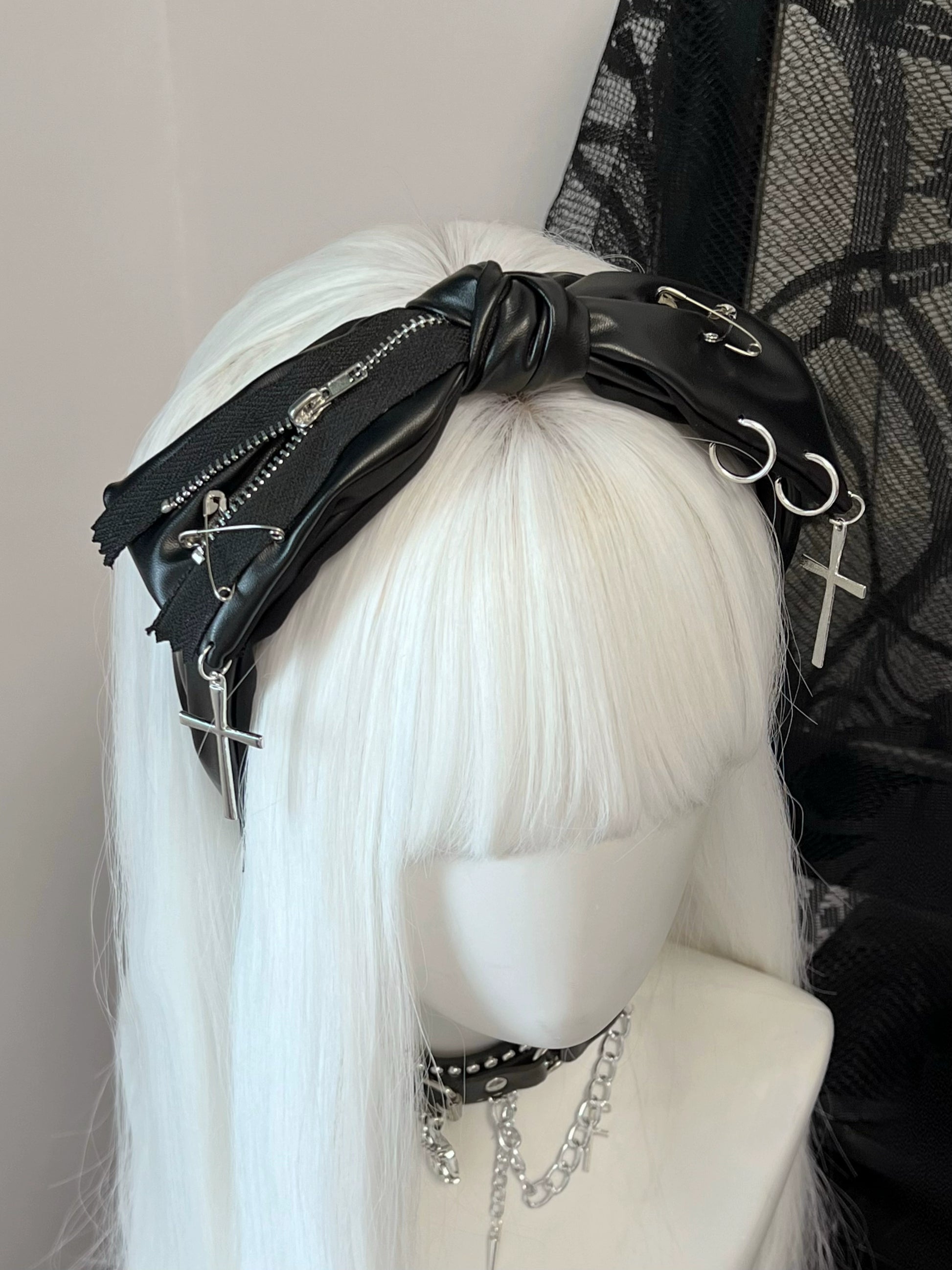 Dark Gothic Hair Clasp Punk Bow Headdress Leather Headband (Black) 37268:555168