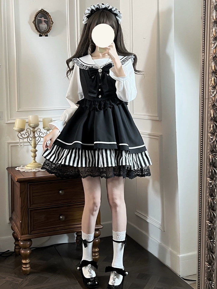 Jirai Kei Dress Set Sailor Collar Shirt And Black Vest Dress 41300:690654