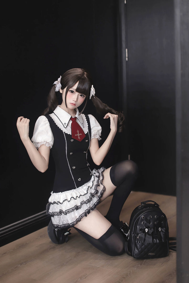 Preppy Style Low-Waist Dress Set, Cross Details 44746:823814