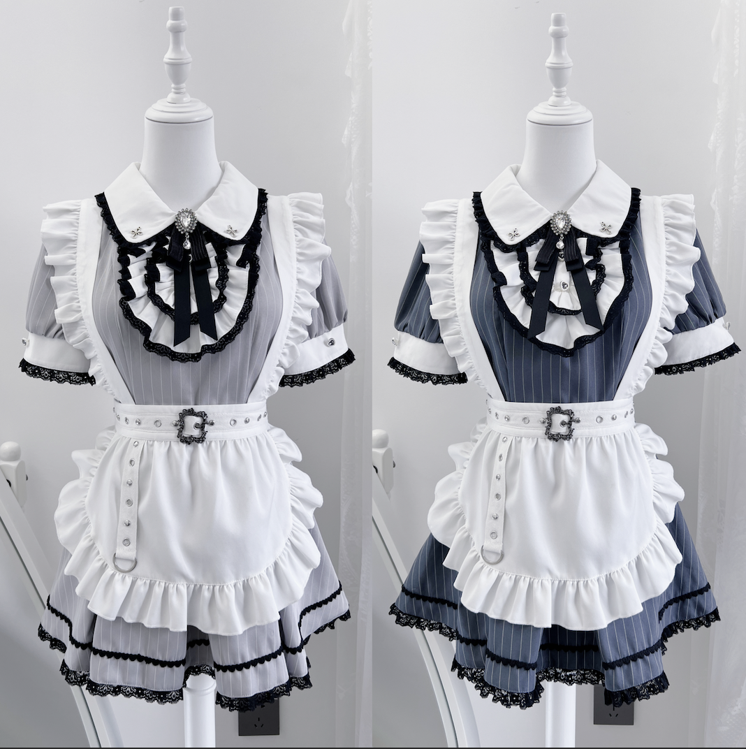 Maid Style Jirai Kei Dress Set, Pocketed Shorts + Apron 43439:778396