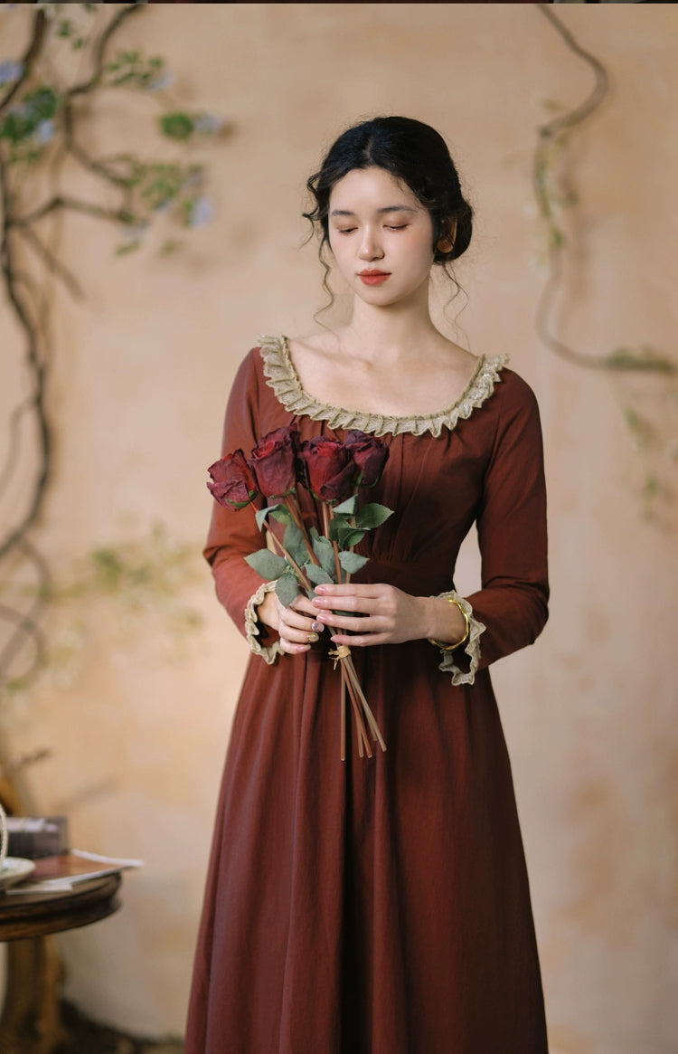 Mori Kei Dress Classical Oil Painting Dress Rust Red Dress 36348:544642