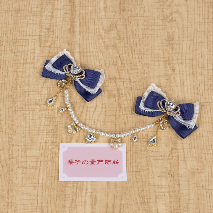 Jirai Kei Bow Hair Clips, Rhinestone Crown and Pearl Chain 44194:802723