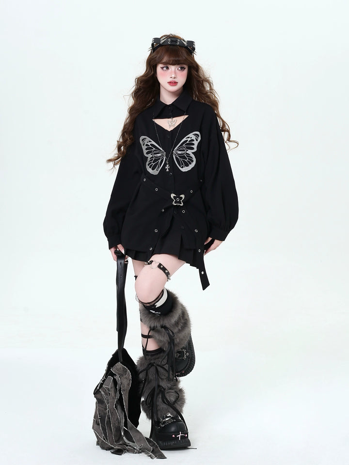 Gyaru blouse Subculture Embroidered Butterfly Shirt Long Sleeve Top (L M S / Black) 39690:633948