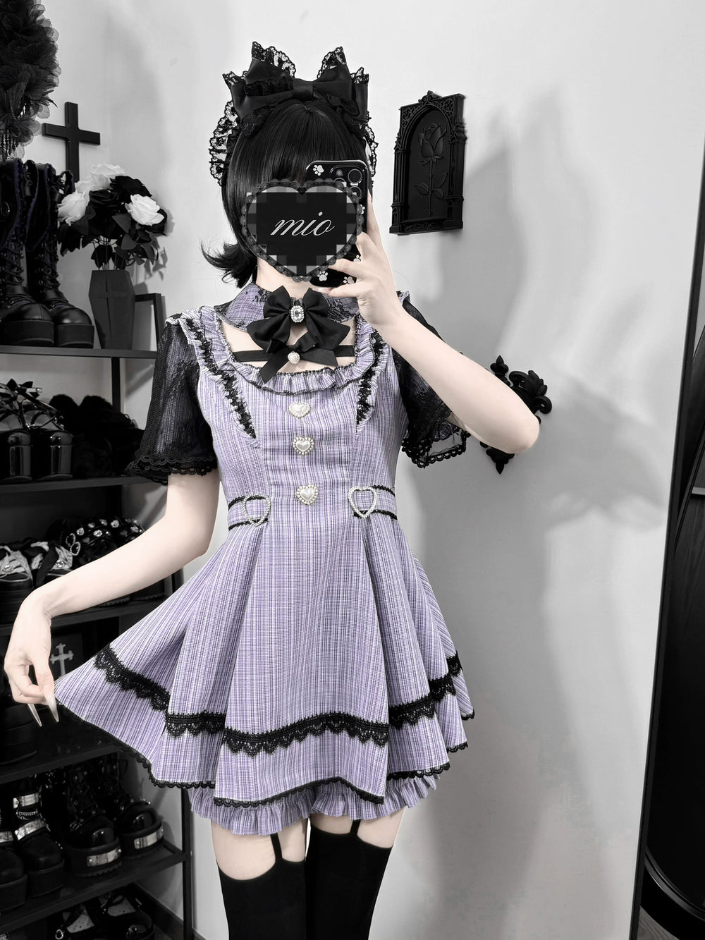 Jirai Kei Lace Sleeve Dress Set, Detachable Faux Collar (2XL L M S XL) 45261:842984