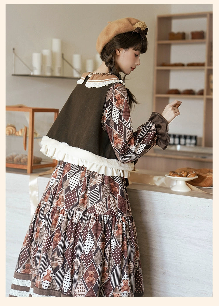 Lolita Dress Bear Embroidered Long Sleeve Dress And Vest 32068:382244 32068:382244