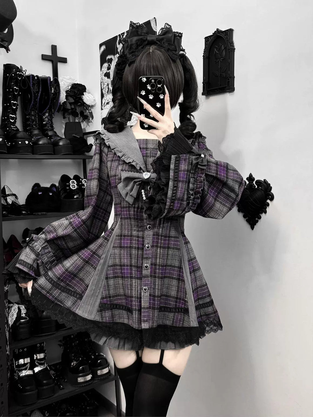 Plaid Jirai Kei Dress Set, Shorts with Side Pockets 44330:805038