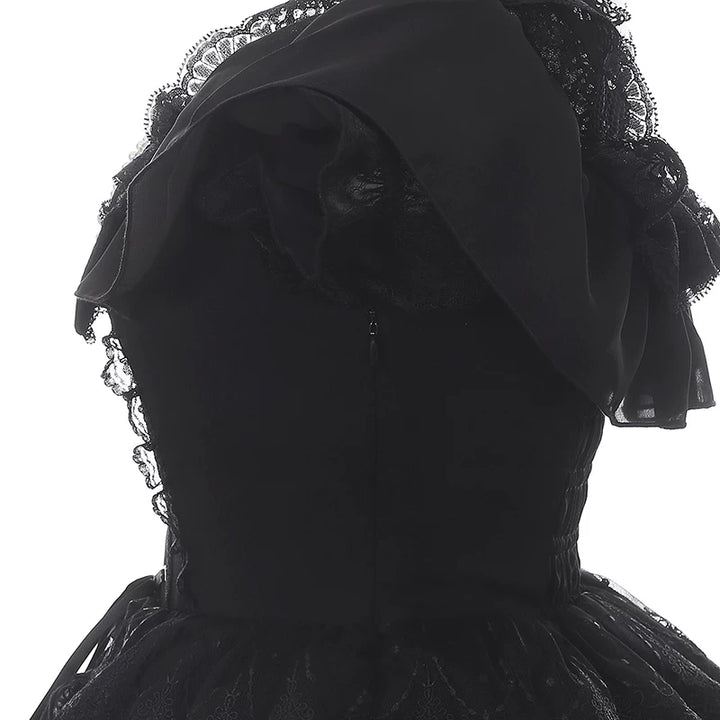 Black Jirai Kei Open Shoulder Dress, Rhinestone Strap 44950:832344