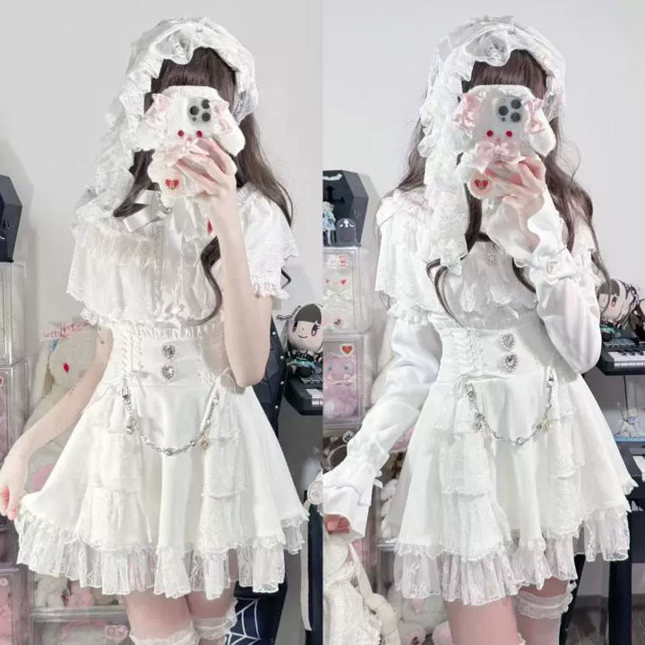 Jirai Kei Blouse with Layered Lace Cape & Detachable Sleeve 42860:755729