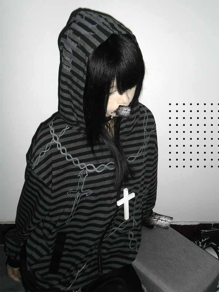 Gothic Striped Zip-Up Hoodie, Cotton for Summer 45270:844655