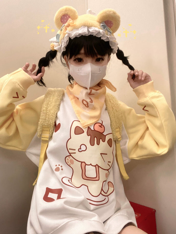 Kawaii Creamy Yellow Raglan Sleeve Long T-shirt Hoodie 22668:338358 22668:338358