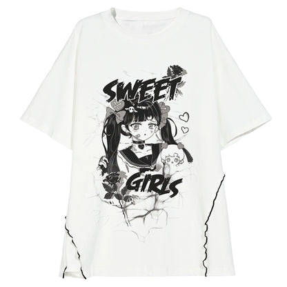 Y2K T-Shirt Anime Top Ripped Design (White / L M S) 35898:559886