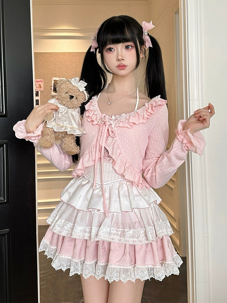 Ryousangata Skirt Set Pink Cardigan White Straps Top 37008:548360