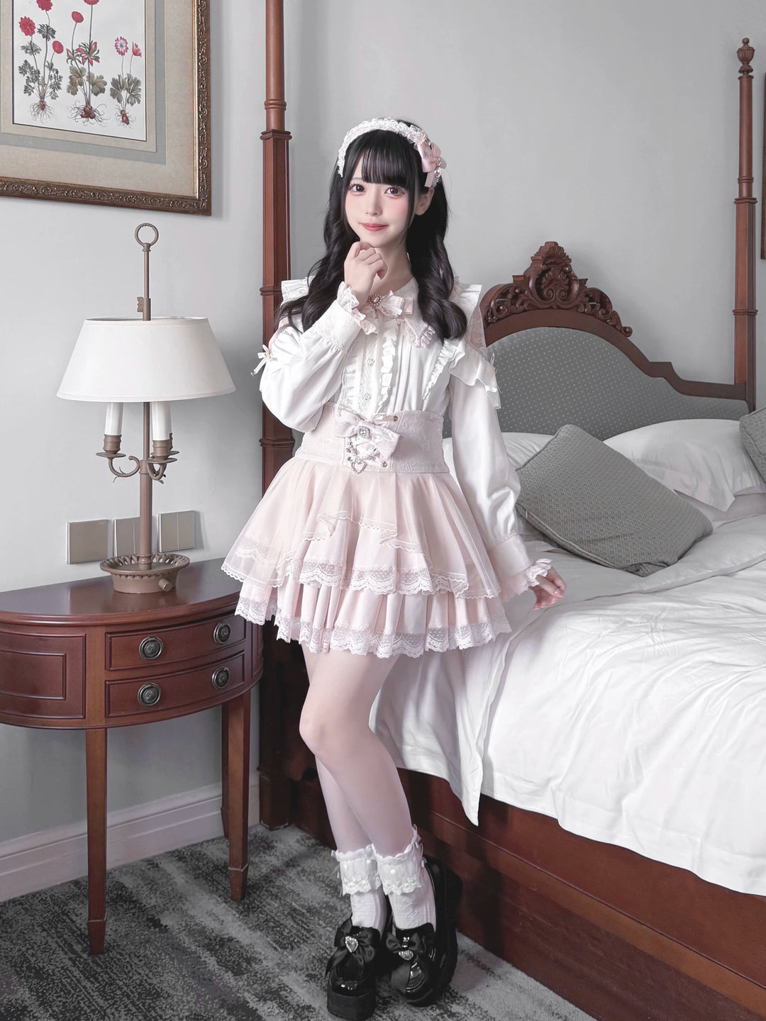 Jirai Kei Long Sleeve Blouse, Lace Open-Shoulder 44588:815046