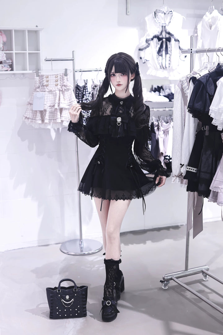 Black Jirai Kei Lace Dress, Cross-detail Hem 45837:864807