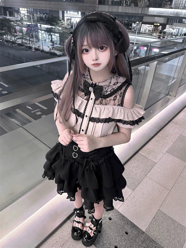 Jirai Kei Off Shoulder Blouse, Tiered Skirt 45584:856519