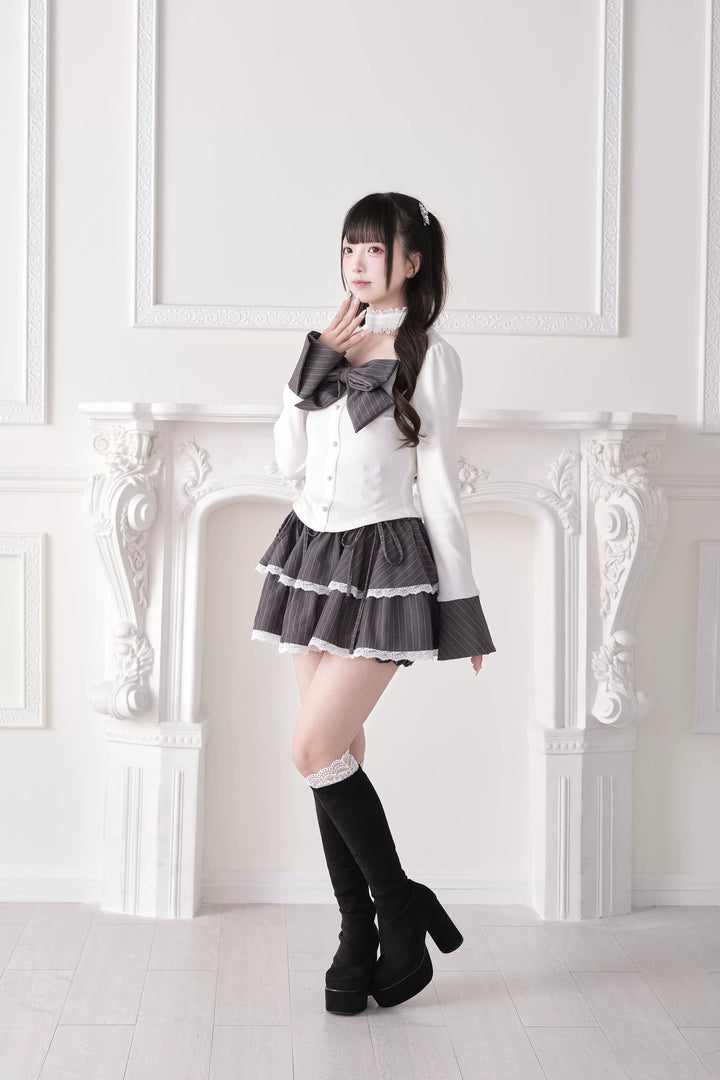 Jirai Kei Knit Top, Choker-Style Neck and Flared Sleeves 44686:818936