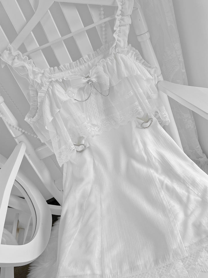 Solid White Jirai Kei Dress With Bust Sheer Overlay 43299:772974