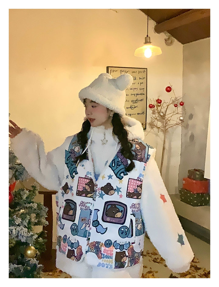 Kawaii Winter Coat Thickened Print Reversible Hooded Coat 39796:640904