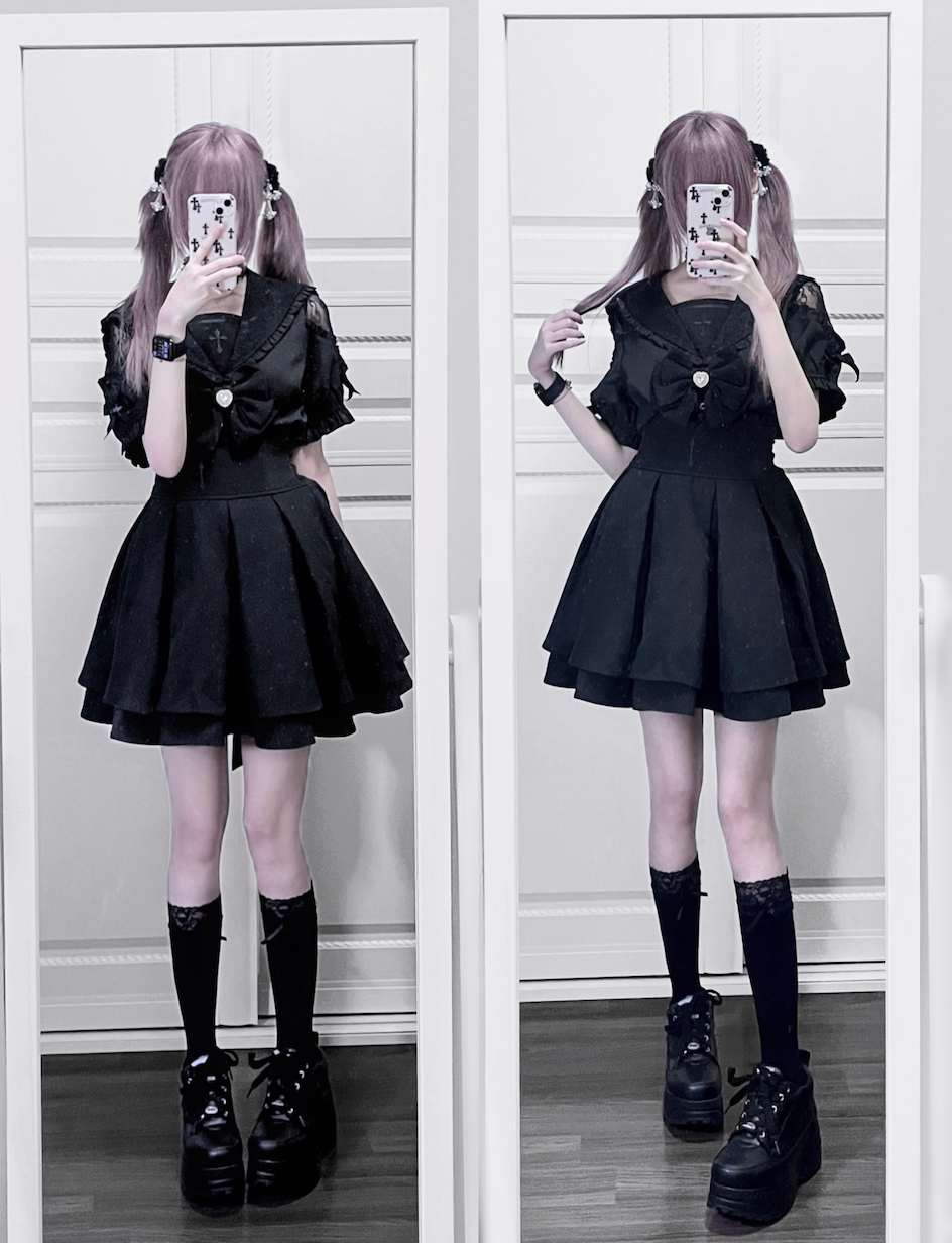 Jirai Kei Cross Blouse High Waist Skirt Short Sleeve Shirt 37118:552538