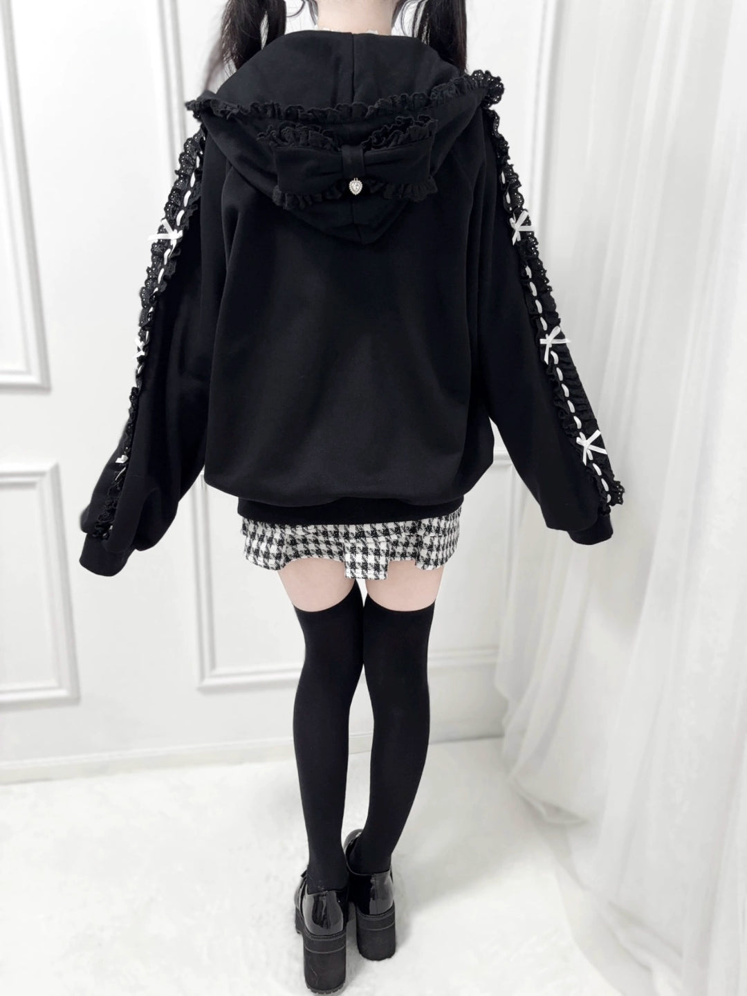 Jirai Kei Zip-Up Hoodie, Ruffle Lace and Bows 44176:800893
