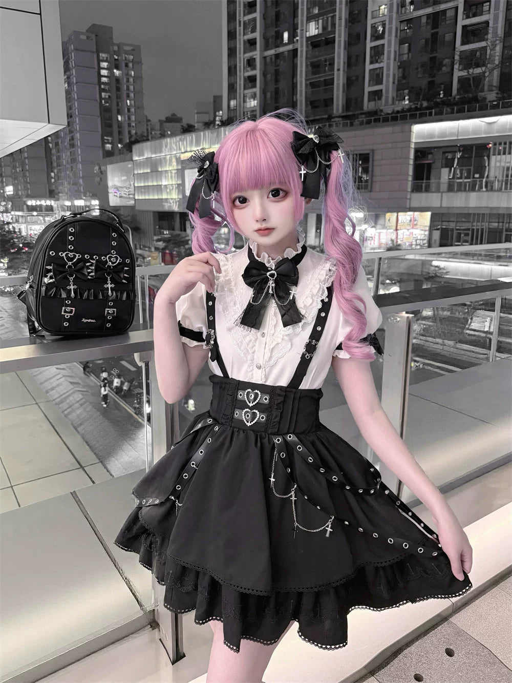 Punk Suspender Skirt, Stand Collar Blouse 45578:855974