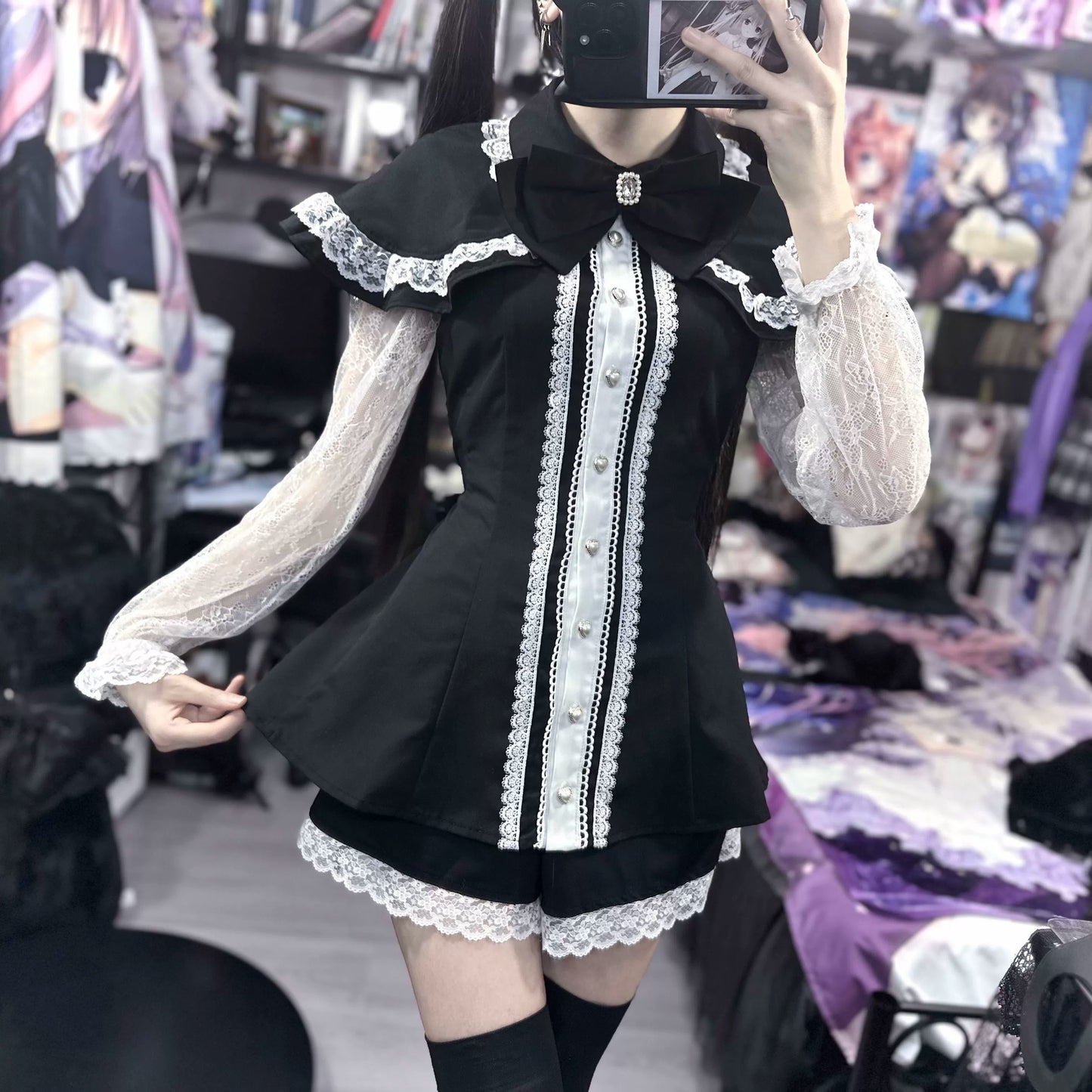Jirai Kei Dress Set Lace Sleeve Black Cape Outfit Sets 37456:561400