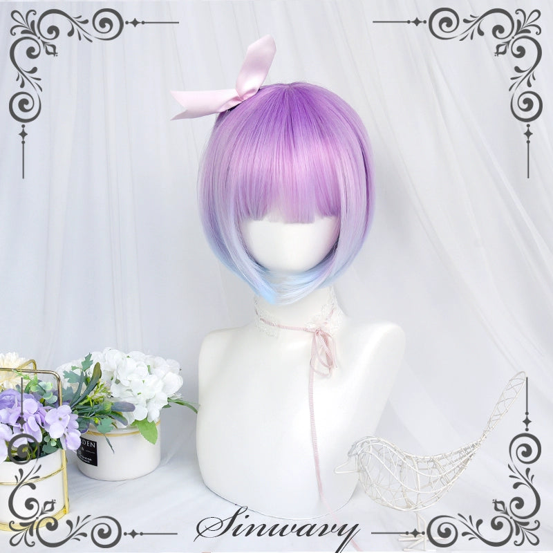 Lolita Wig Blue-Purple Bob Haircut Claw Clip Ponytails 39346:635512