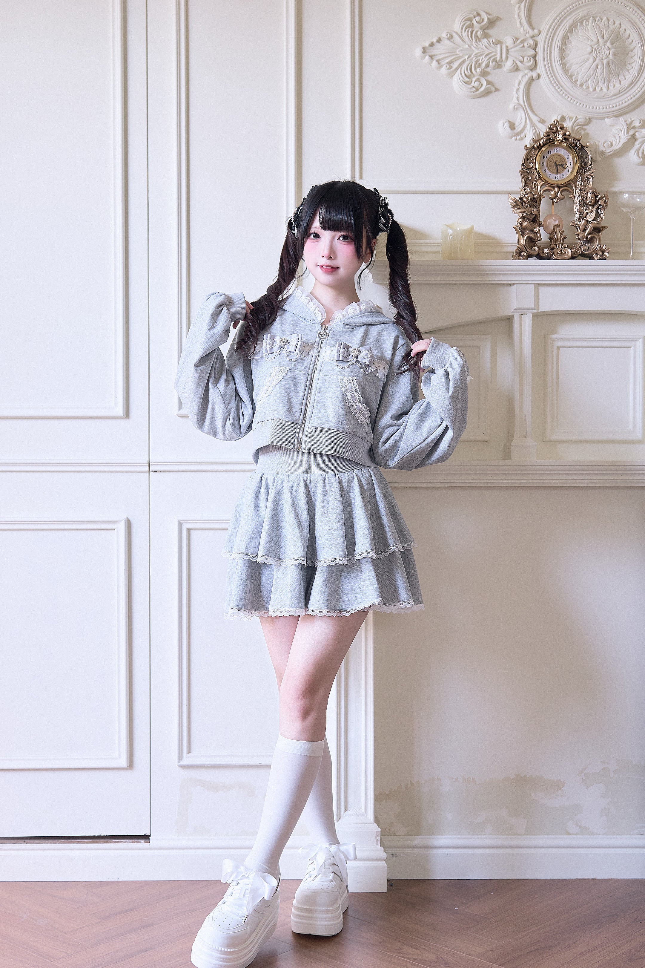 Jirai Kei Hoodie Jacket Pants and Skirt with Lace Detail – Honey