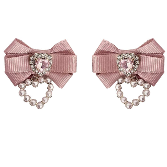 Jirai Kei Lolita Rhinestone Pearl Heart Silver Earrings Clips 21748:312362