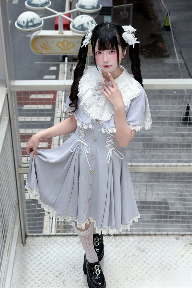 Ryousangata Cape Layered Dress, White & Blue 45573:853447