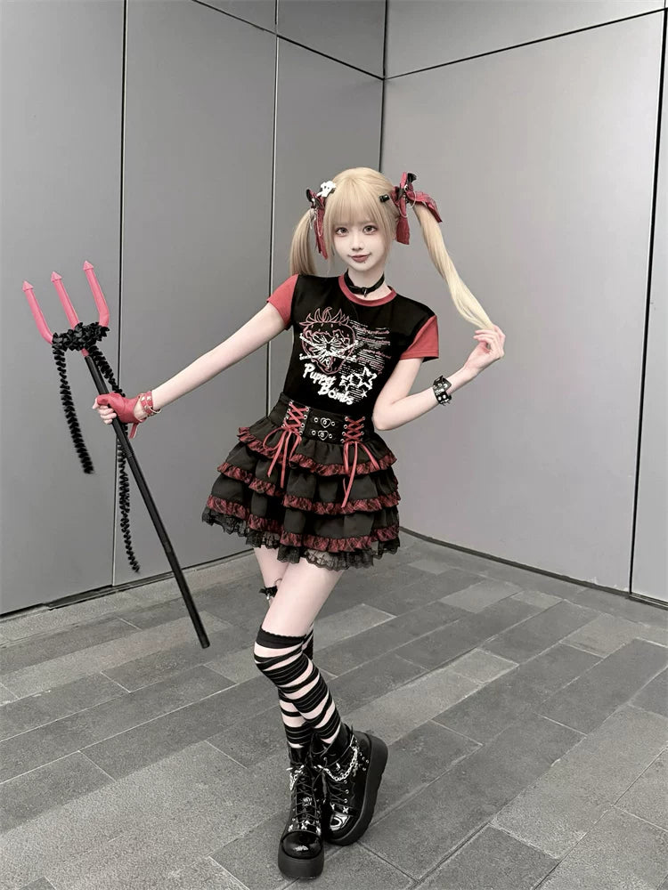 Punk Strawberry and Chain Print T-shirt, Red Plaid Skirt 45365:851392
