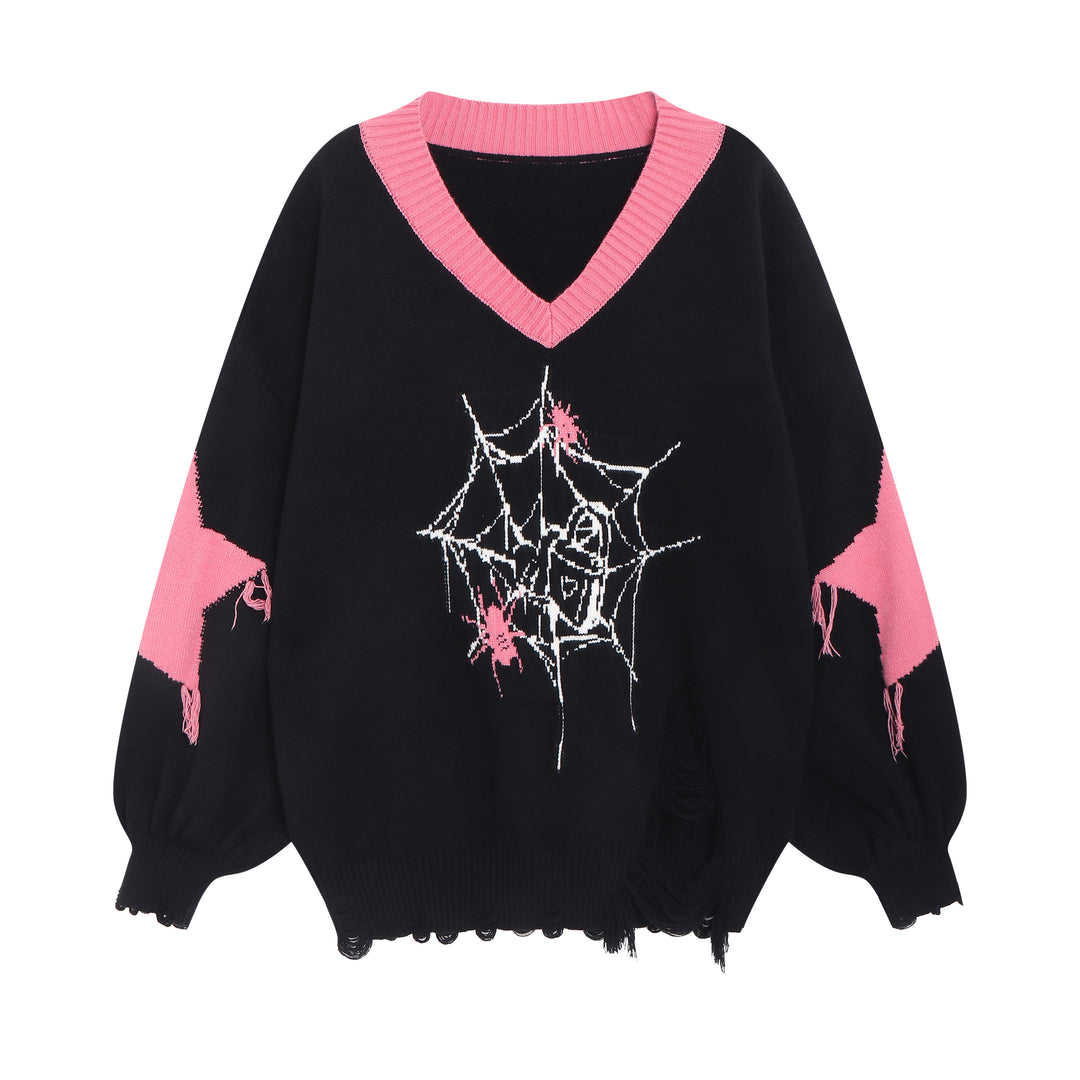 Black Pink Sweater Star Knit V-neck Pullover Sweater 32462:423428