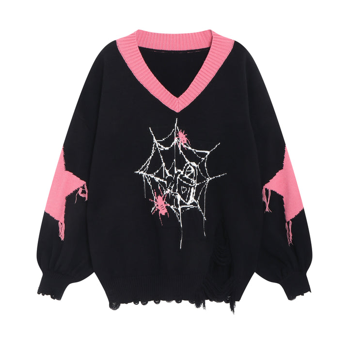 Black Pink Sweater Star Knit V-neck Pullover Sweater 32462:423374