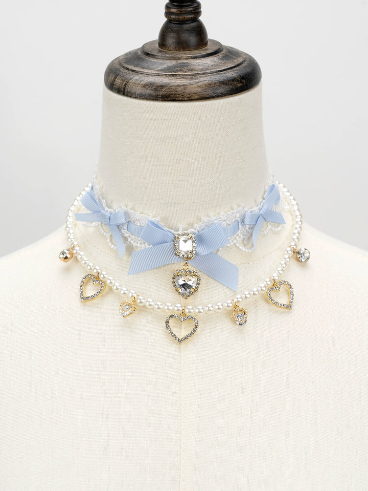 Jirai Kei Necklace Double-layered Pearl Rhinestone Choker 33806:446398 33806:446398