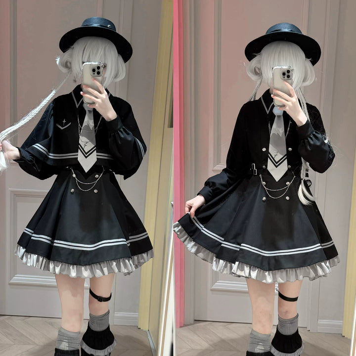 Sailor-Inspired Long Sleeve Dress Set, Detachable Cape (2XL 3XL 4XL L M S XL XS) 44557:815992