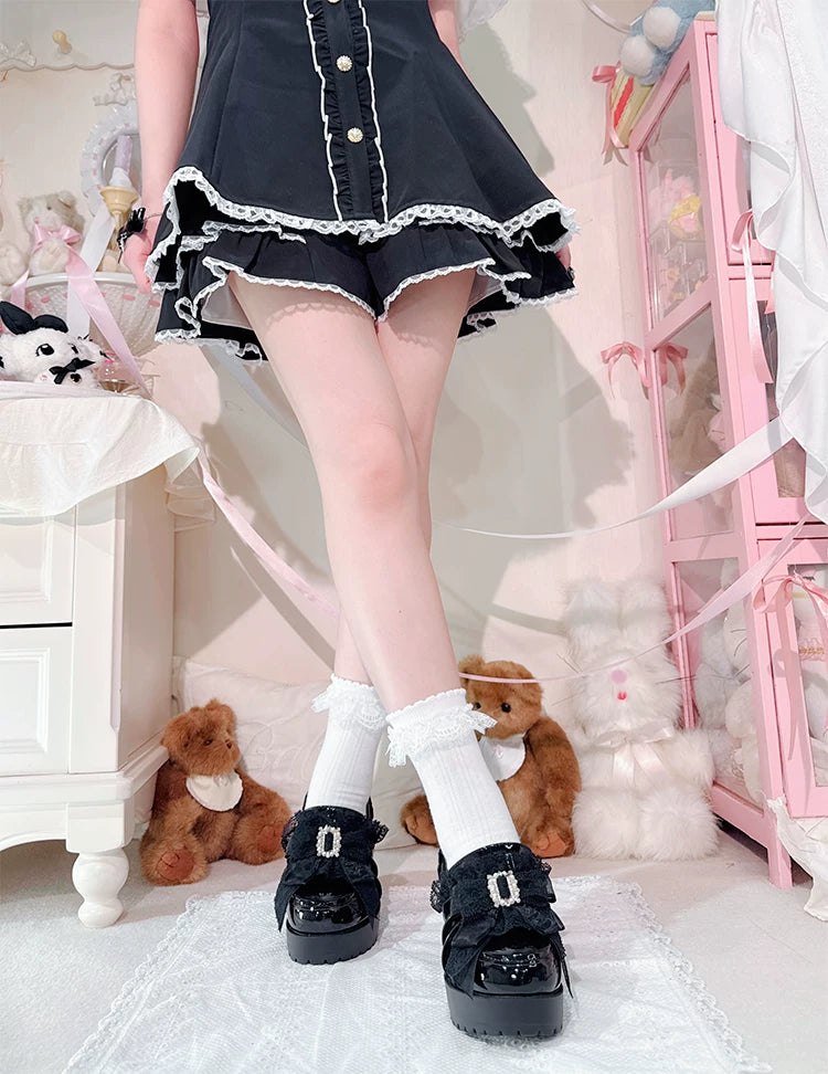 Jirai Kei Slip-On Chunky Heeled Shoes, Pearl Decorated Bow 45867:867765